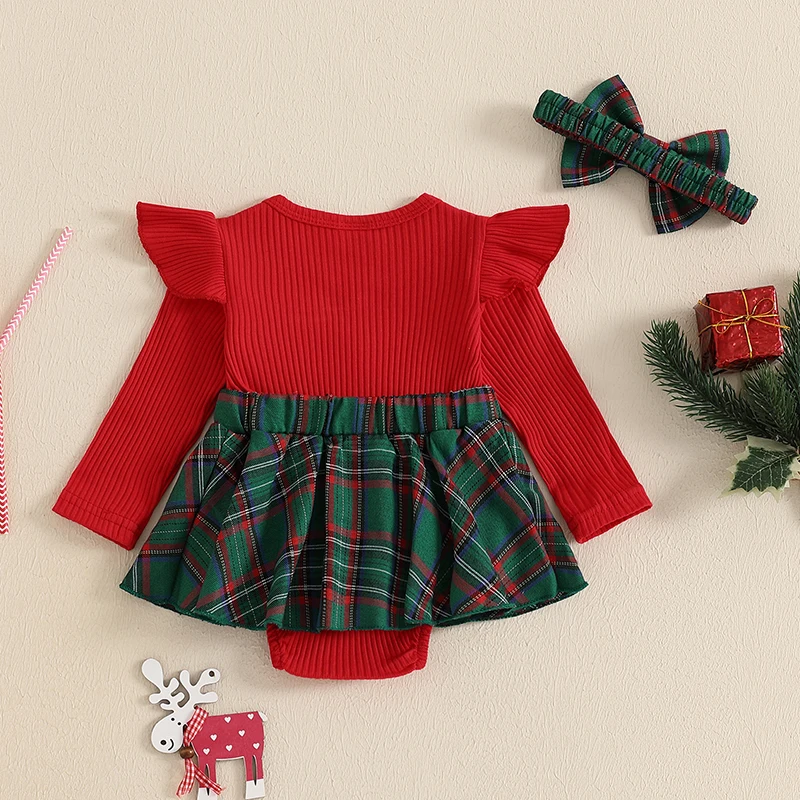 Newborn Baby Girl Christmas Outfit Christmas Romper Dress Ruffle Long Sleeve Bodysuit Cute Fall Winter Clothes