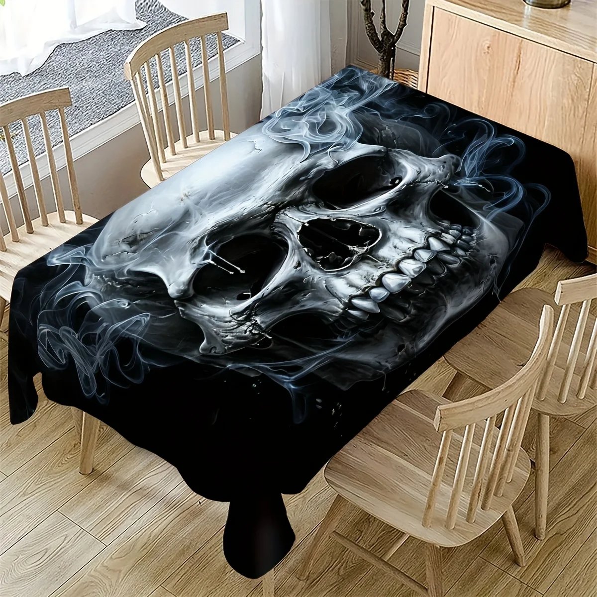 VIKAMA Gothic Skull Black Silver Smoke Rectangular Tablecloth Washable Dining Table Cover for Kitchen Party Home Decoration