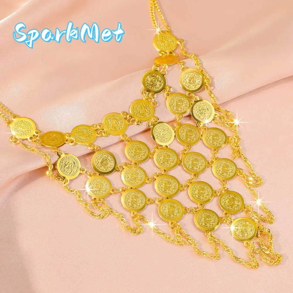 

Sparkmet Luxurious 9999 24K Real Gold African Dubai Wedding Antique Exquisite Tassel Necklace for Women Girl