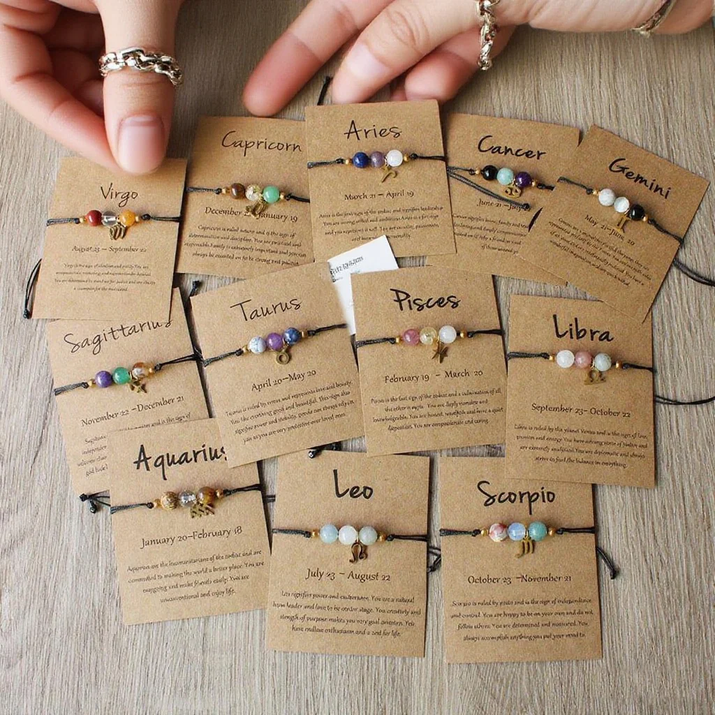 12 علامات زودياك الحجر الطبيعي Charms سوار للنساء الرجال اليدوية مضفر ورق للبطاقات ليو العذراء الميزان سوار هدية قابل للتعديل