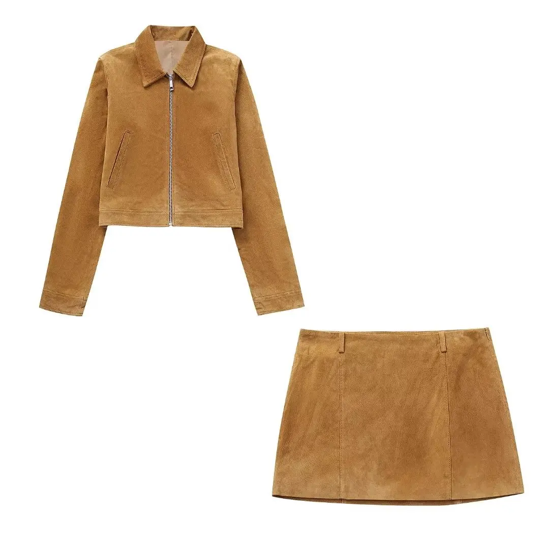 Women's Brown Zopper Short Coat Two-piece Autumn Winter 2024 New Solid Color Lapel Suede Jacket Skirt Suit for Women