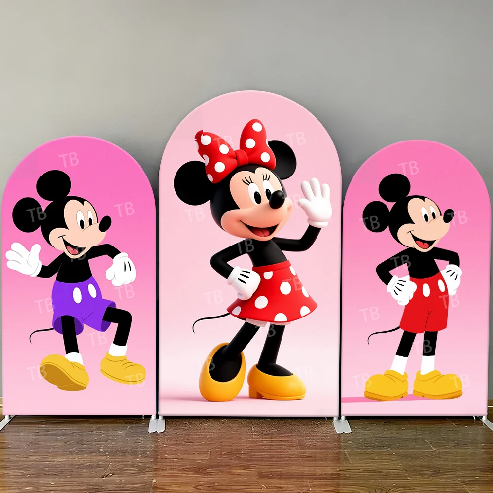 

Mickey Minnie Arch Backdrop Cover Pink Background Polka Dot Fun Photo Booth Props for Kids Birthday Parties & Home Decoration