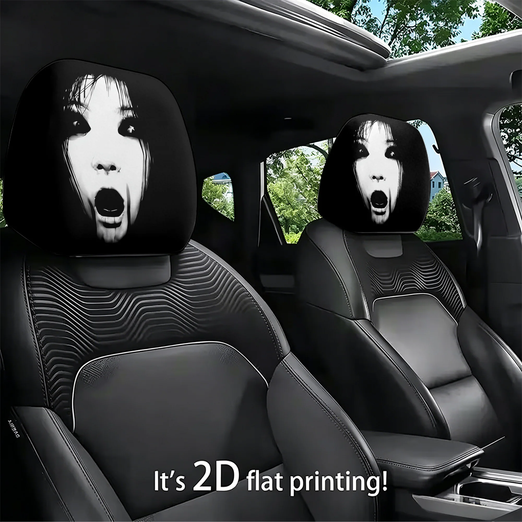 2pcs Spooky Ghost-Patterned Car Headrest Covers—add a touch of ghostly ambiance to your car’s interior. Filling not included. Ea
