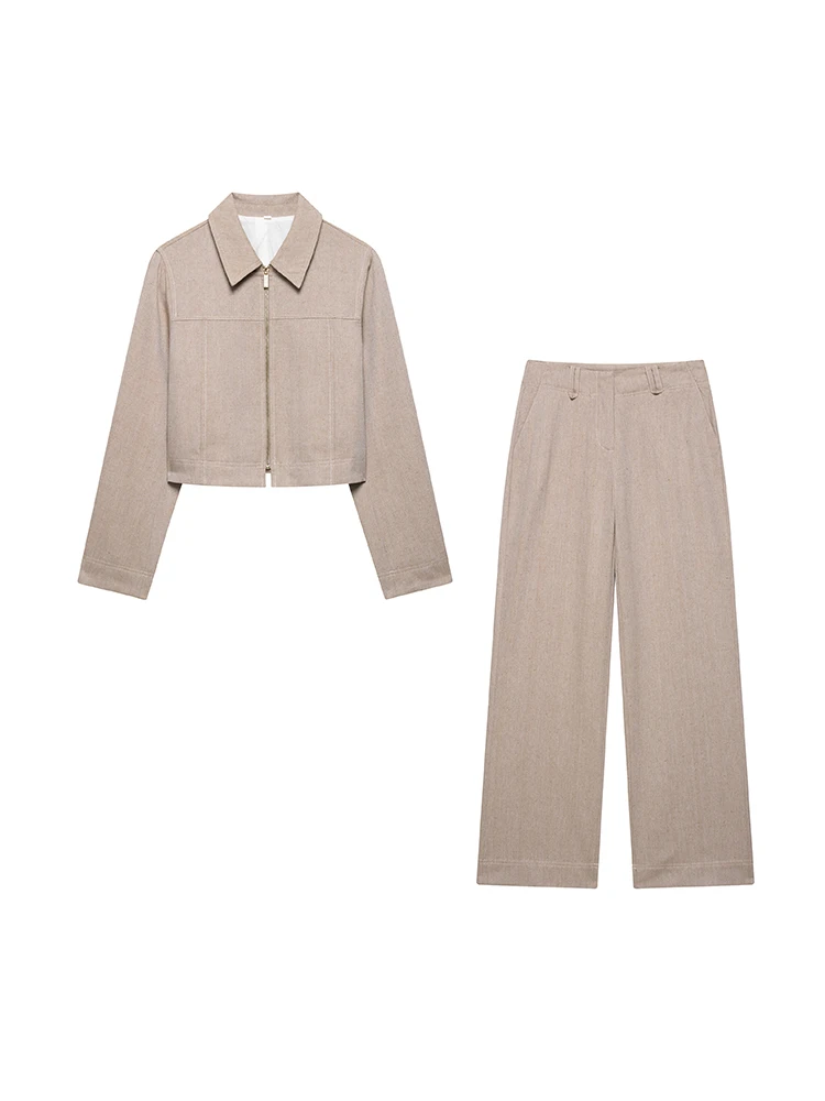 KUCLUT 女性ファッション 2 点セット カーキ フロント ジッパー ジャケット & ヴィンテージ ハイウエスト パンツ Feamle シックな女性パンツ セット