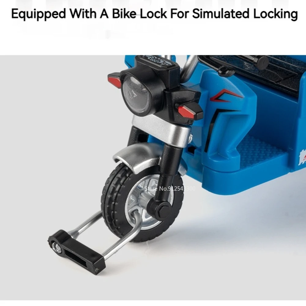 Modelo de triciclo de aleación a escala 1:15, coche de juguete con luz de sonido, modelos de vehículos de transporte fundidos a presión de Metal, adornos de regalos para niños