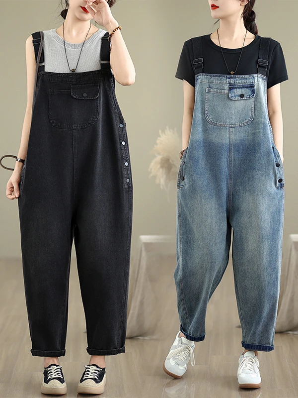 

Fashionable Summer Denim Overalls Women's Loose Harem Strap Pants High Waist Nine Points Thin Denim Fabric Washed Effect