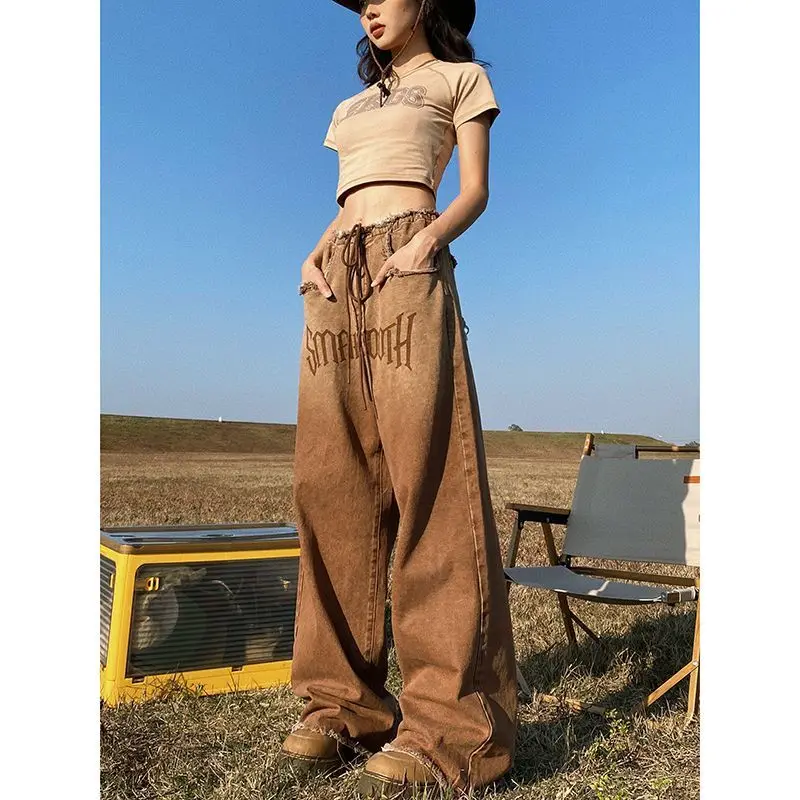 MiiiiX High Street American Retro Gradient Jeans Women Long Pants 2024 Autumn Letter Print Loose High Waist Straight Trousers