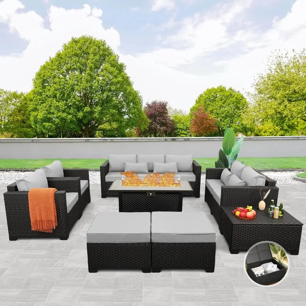 8-Piece Outdoor Furniture Set with 6000045-Inch Propane Fire Pit, Slip-Resistant Cushions, Waterproof Covers, Light Grey