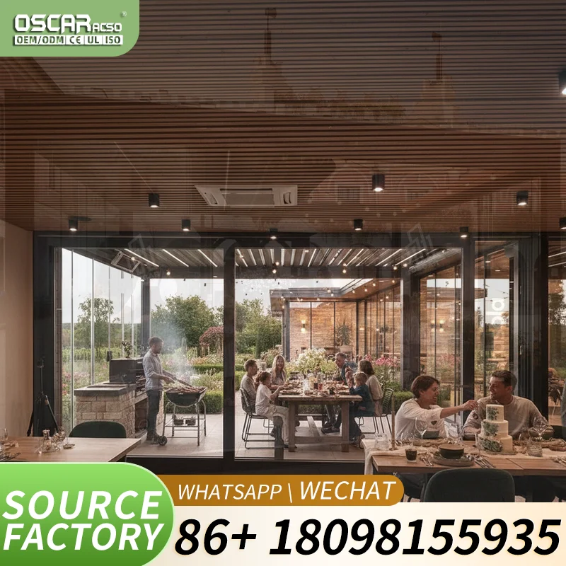 Wall Mounted Bioclimatic Aluminum Pergola Flip Louvered Roof Windproof Winter Glass Enclosure Balcony Patio Eco Friendly Outdoor