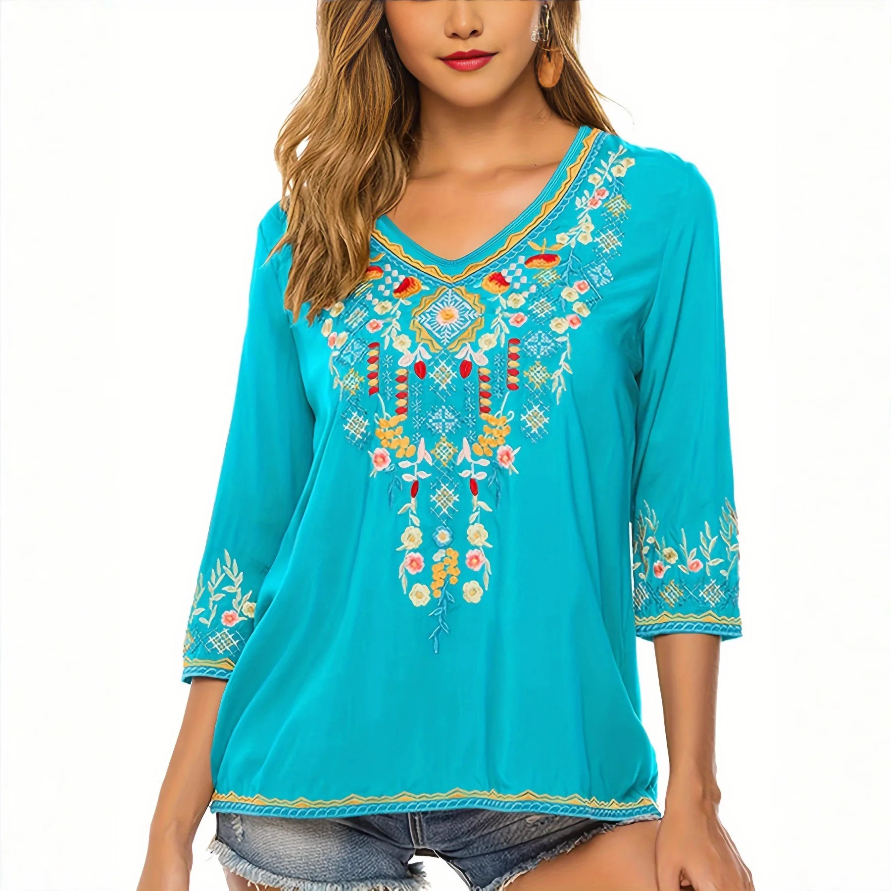 Y2K 春夏新作 花柄プリント Vネック Tシャツ ファッション カジュアル ミディアム 半袖トップス ボヘミアンスタイル ルーズトップ