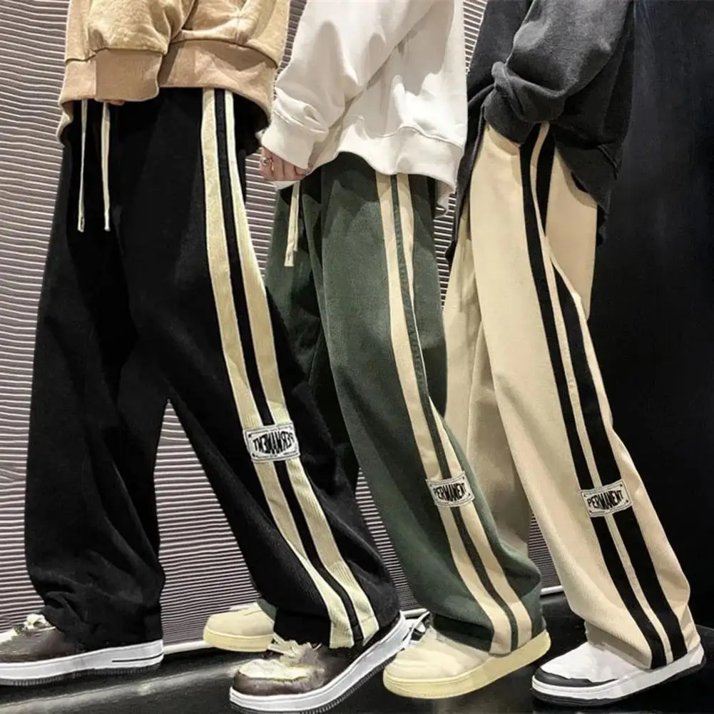 

Elastic Waist Track Pants Stylish Men's Drawstring Sweatpants with Wide Leg Retro Striped Design for Casual for Everyday