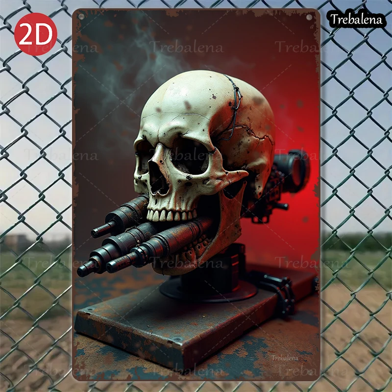 

1PC 2D Flat 8*12inch Metal Sign Skull with Gun Steampunk Style Metal Art Decor