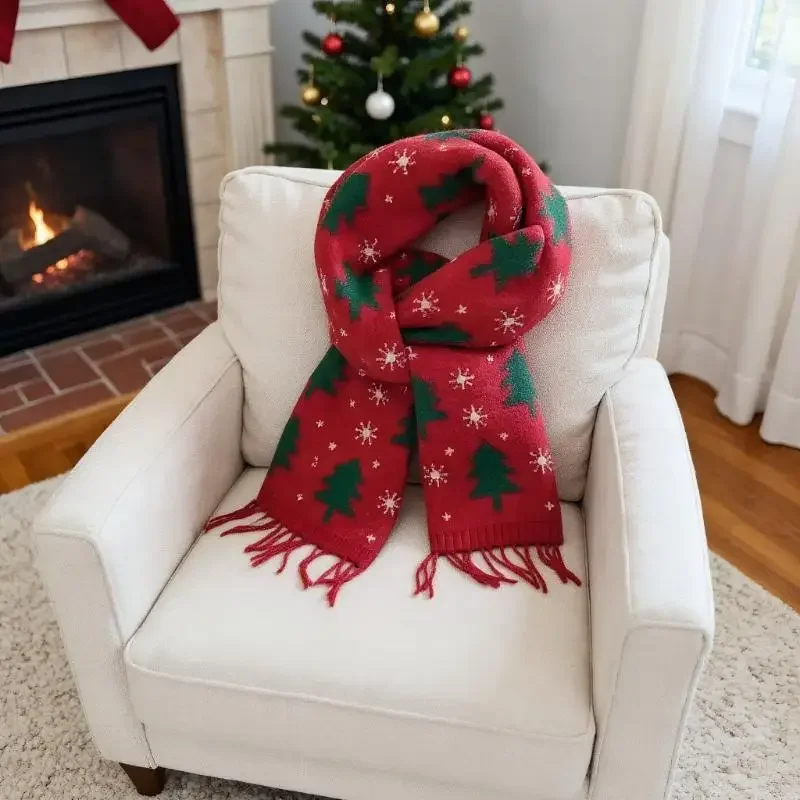 Stilvoller roter Damenschal mit Weihnachtsbaum-Aufdruck, vielseitiger grüner Nackenschutz für Herbst und Winter, tolles Weihnachtsgeschenk