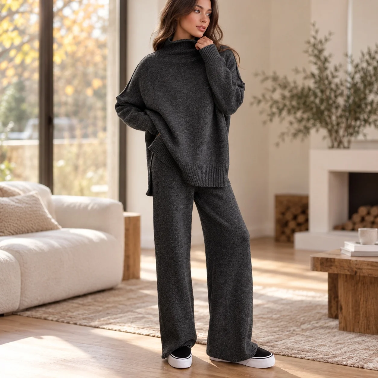 Casual Loose Fit Set with European and American Style Women Winter Set Full Length Pants High Neck Cardigan Top Straight Leg