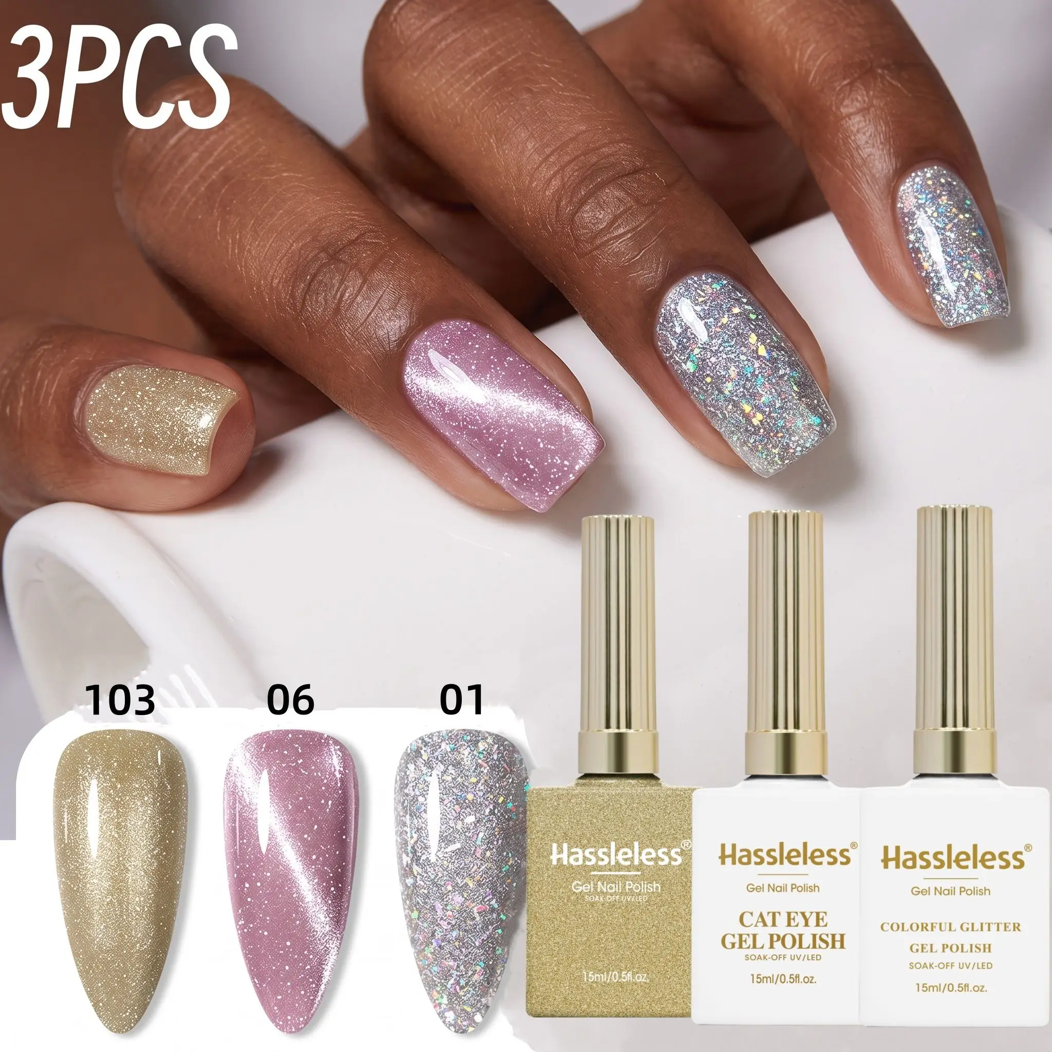 Hassleless 3Pcs Luxury Glitter Cat Eye Nail Polish Set, 3 Bottles, a Combination of Gold Glitter, Pink Cat Eye, and Iridescent Sequins in Three Colors, Smooth Texture, Easy to Apply, Magnetically Absorbs Light, Creating a Dazzling Nail Art.