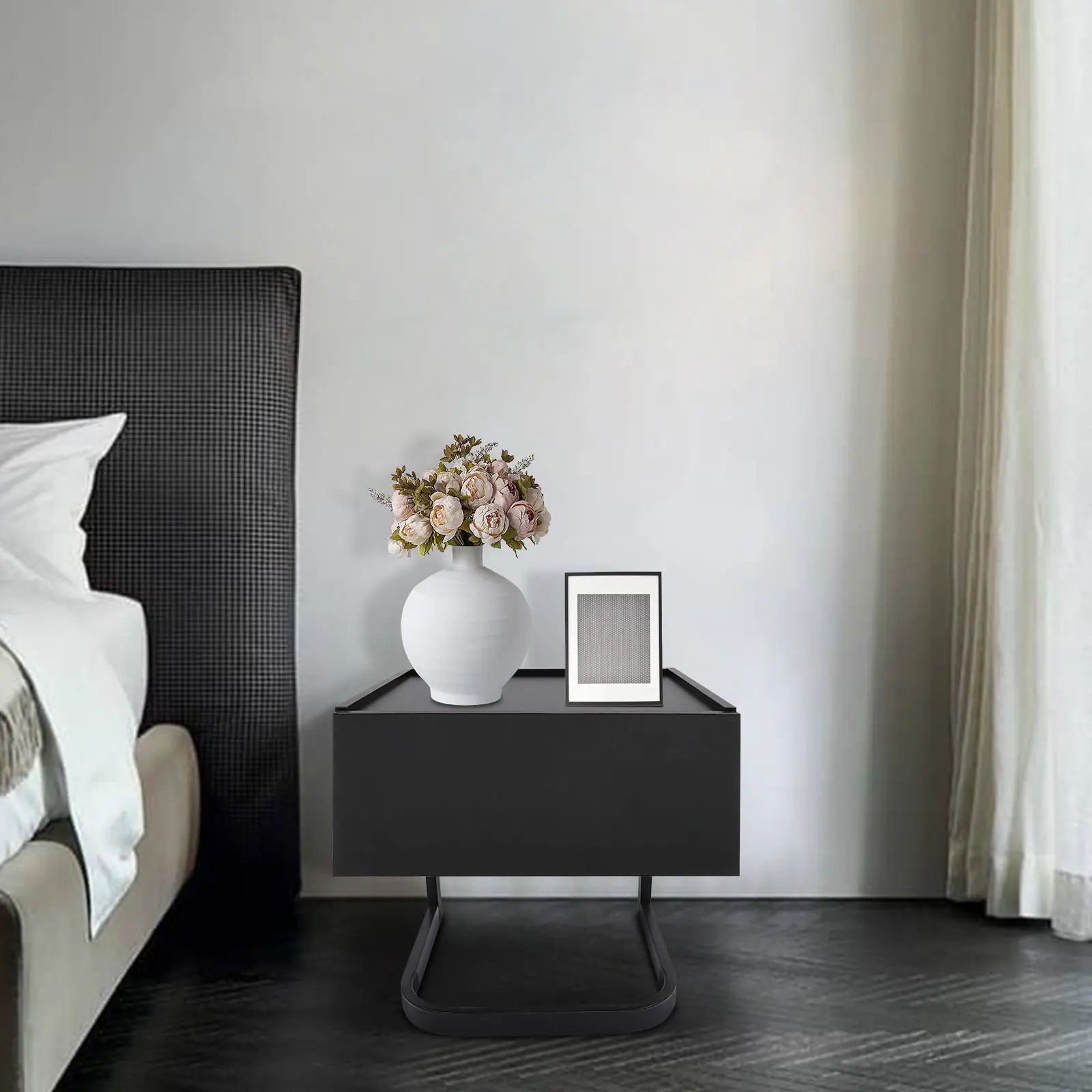 Comodino moderno con struttura in acciaio – Capacità 22-33 libbre, design salvaspazio per camera da letto, soggiorno e ufficio – Nero