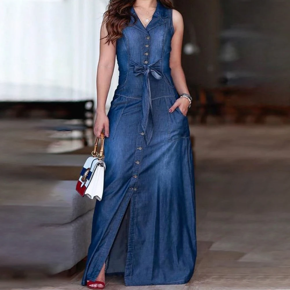 

Plus Size Lapel Collar Denim Women Dress Solid Single-Breasted Casual Sleeveless Slim Split Hem Summer Female Daily Chic Dresses