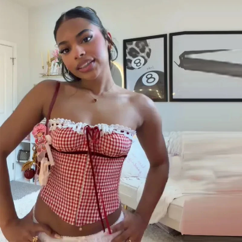 

Retro Gingham Lace Trim Corset Top For Women Sweet Spaghetti Strap Drawstring Bustier Crop Top 2026 New Casual Party Clothing