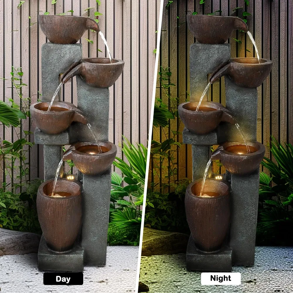 Modern Outdoor Fountain 5 Crocks with LED Light for Garden Patio Deck Porch Backyard Home Art Decor view 3