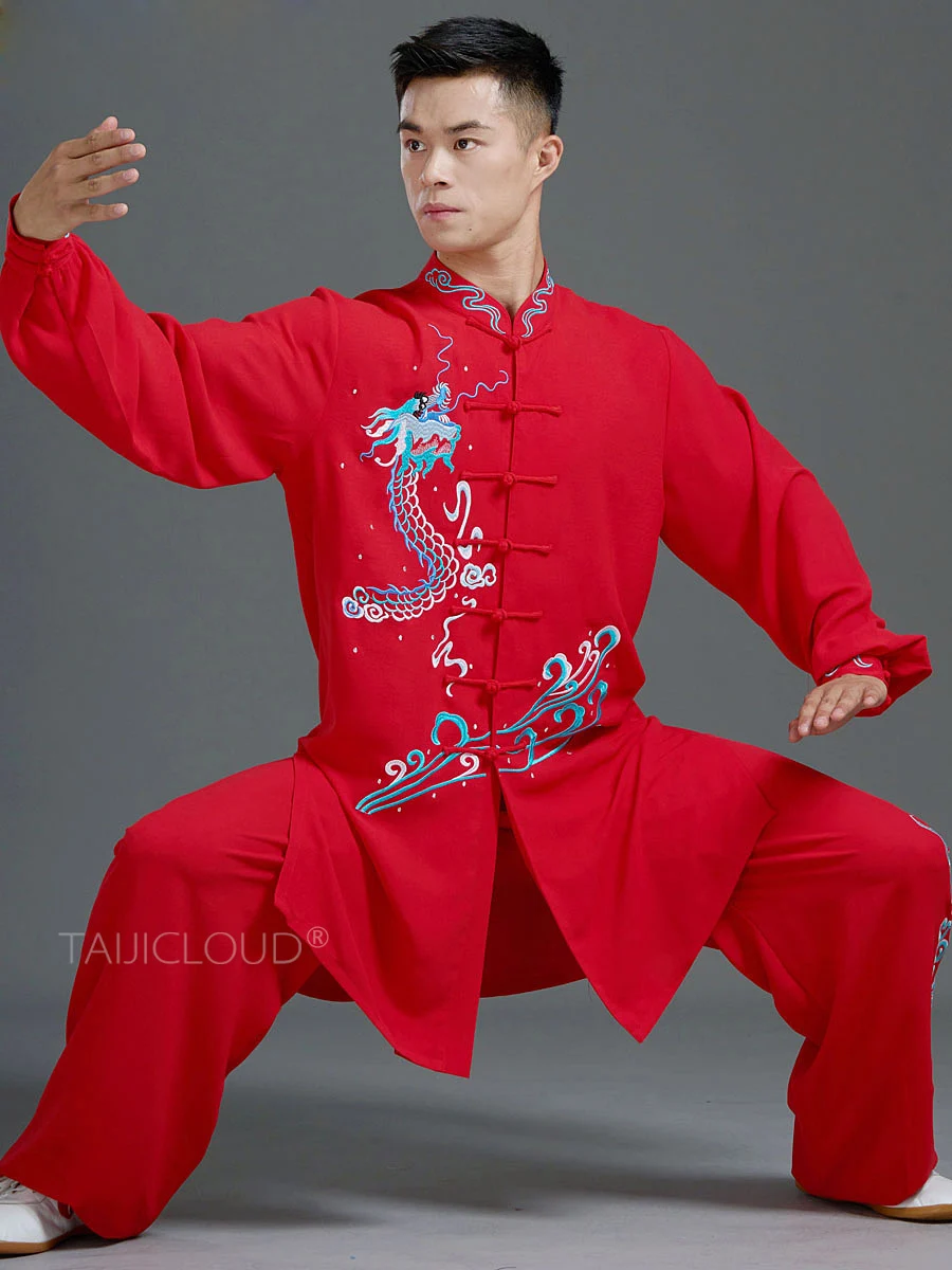 

Embroidered Dragon Tai Chi Suit for Men, Bright Red, Made of Tencel and Linen for Tai Chi Practice