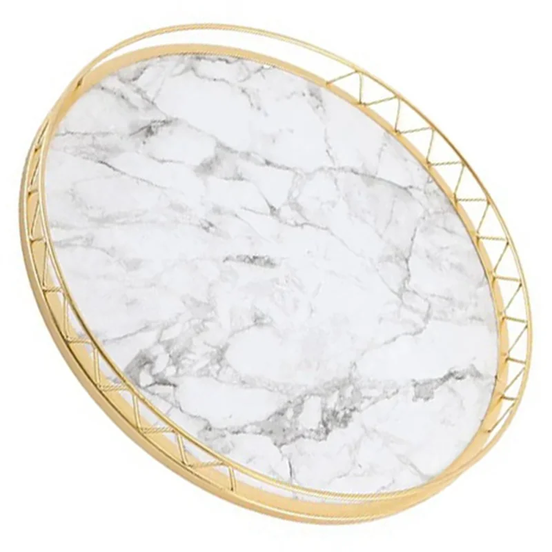 

ABMH-2X Round Household Simple Snack Dried Fruit Plate Small Dry Tea Tabletop Storage Light Luxury Marble Pattern Tray,B,L