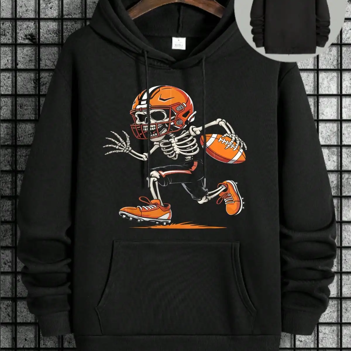 Men Pullover Hoodie Helmet‑Wearing Skull Player Holding Football Graphic Print Drawstring Thermal Sweatshirt For Game Day Viewing Daily Casual Winter Tops