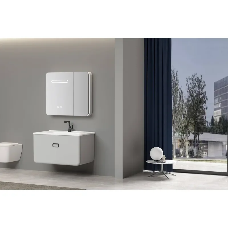 Simple Europe Design High-end Good Quality 18MM PVC Wall Mounted Storage Cabinet Smart Mirror Wall Hung Bathroom Vanity