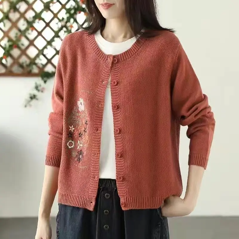 Autumn Winter Vintage Embroidery Cardigan Sweater Female Loose Casual Fashion All-match Buttons Knitting Coat Women Outwear Top