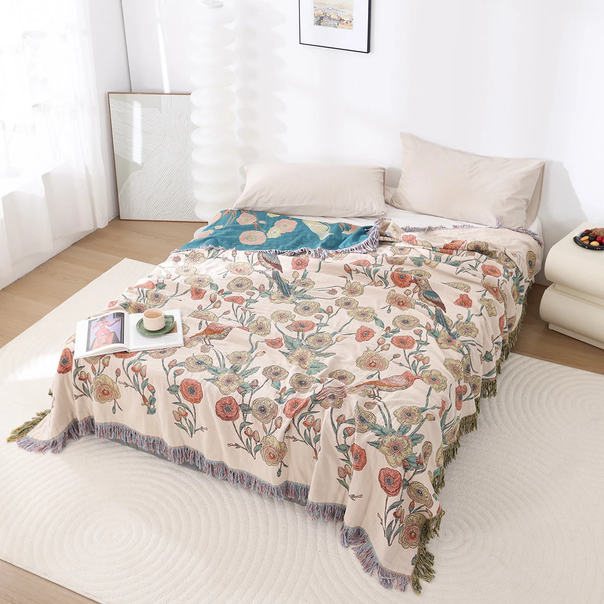 

Cotton Blanket Bedspread with Tassels, Delicate Yarn-dyed Jacquard, Floral Birds, Sofa, Bed, Picnic, Travel, Mechanical Wash