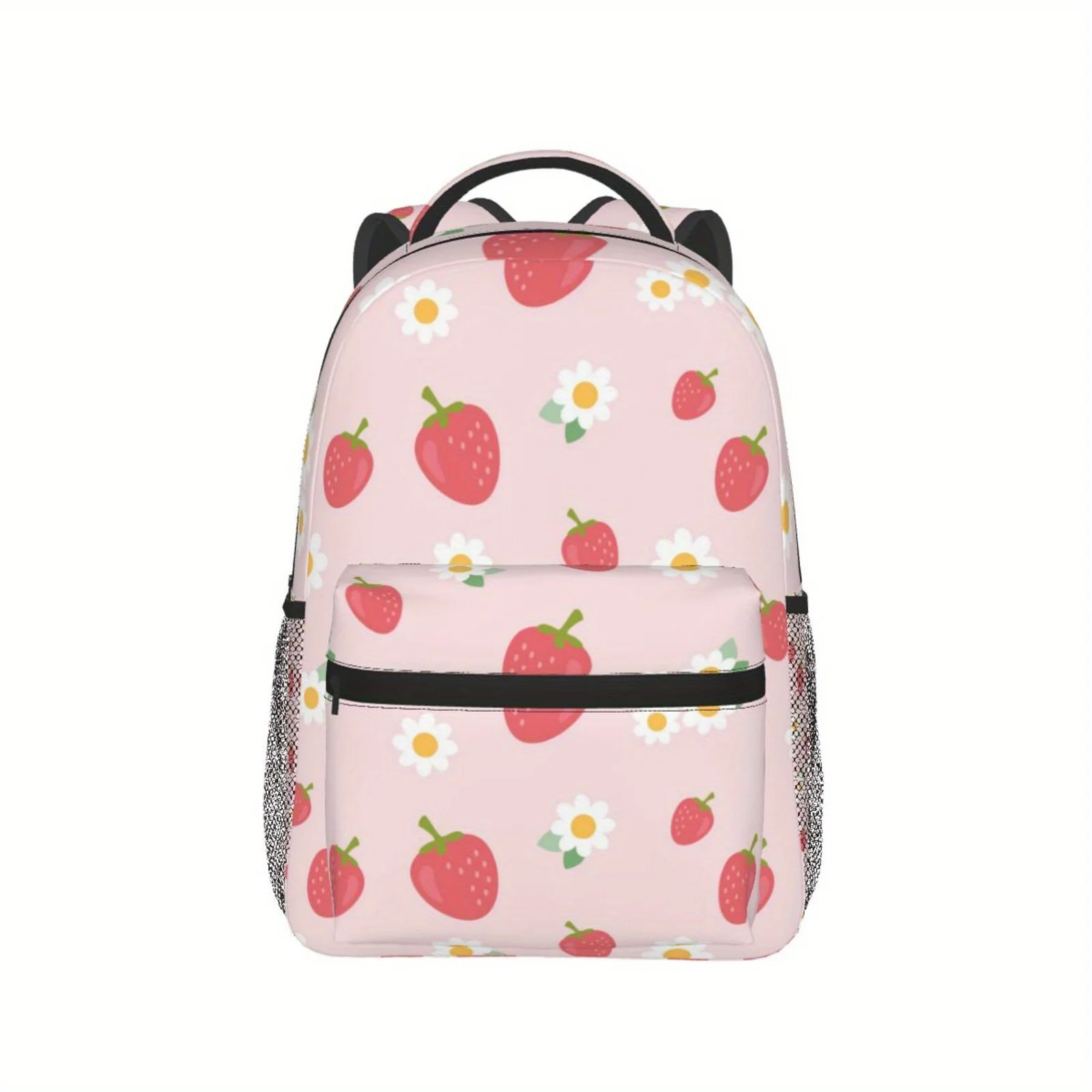 1pc Pink Cute Strawberry Daisy Theme Half Full Print Large Capacity Backpack Lightweight and Durable Polyester Fiber