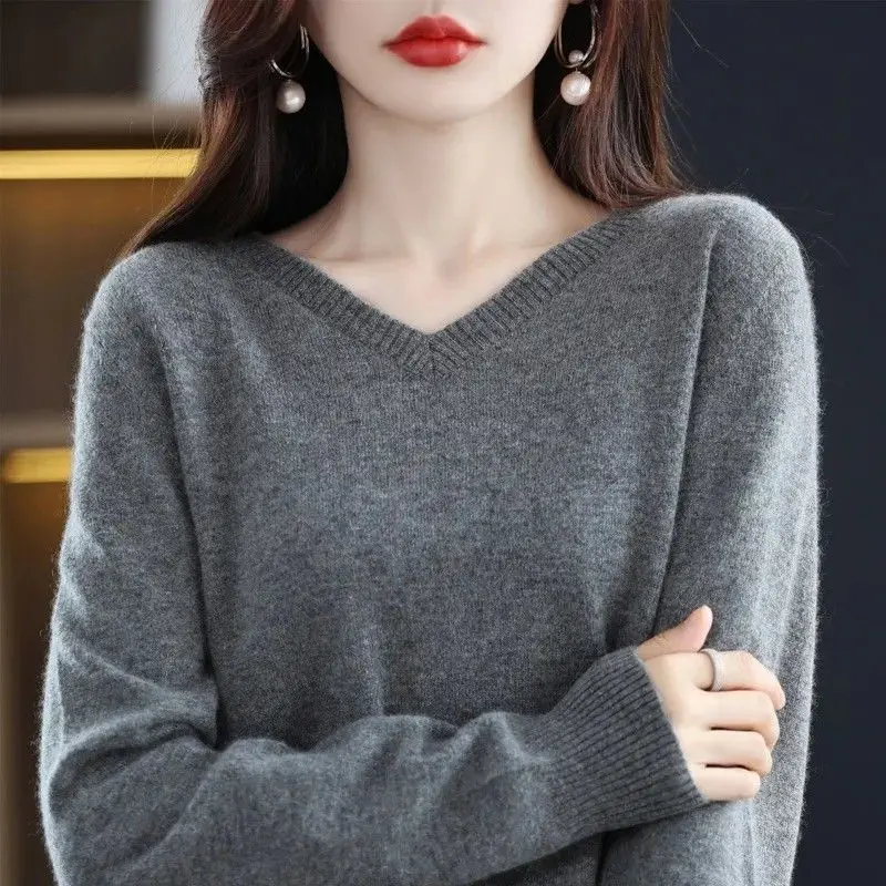 

Autumn Winter New V Neck Solid Simplicity Pullovers Top Long Sleeve Loose Elegant Knitted Sweaters Fashion Vintage Women Clothes