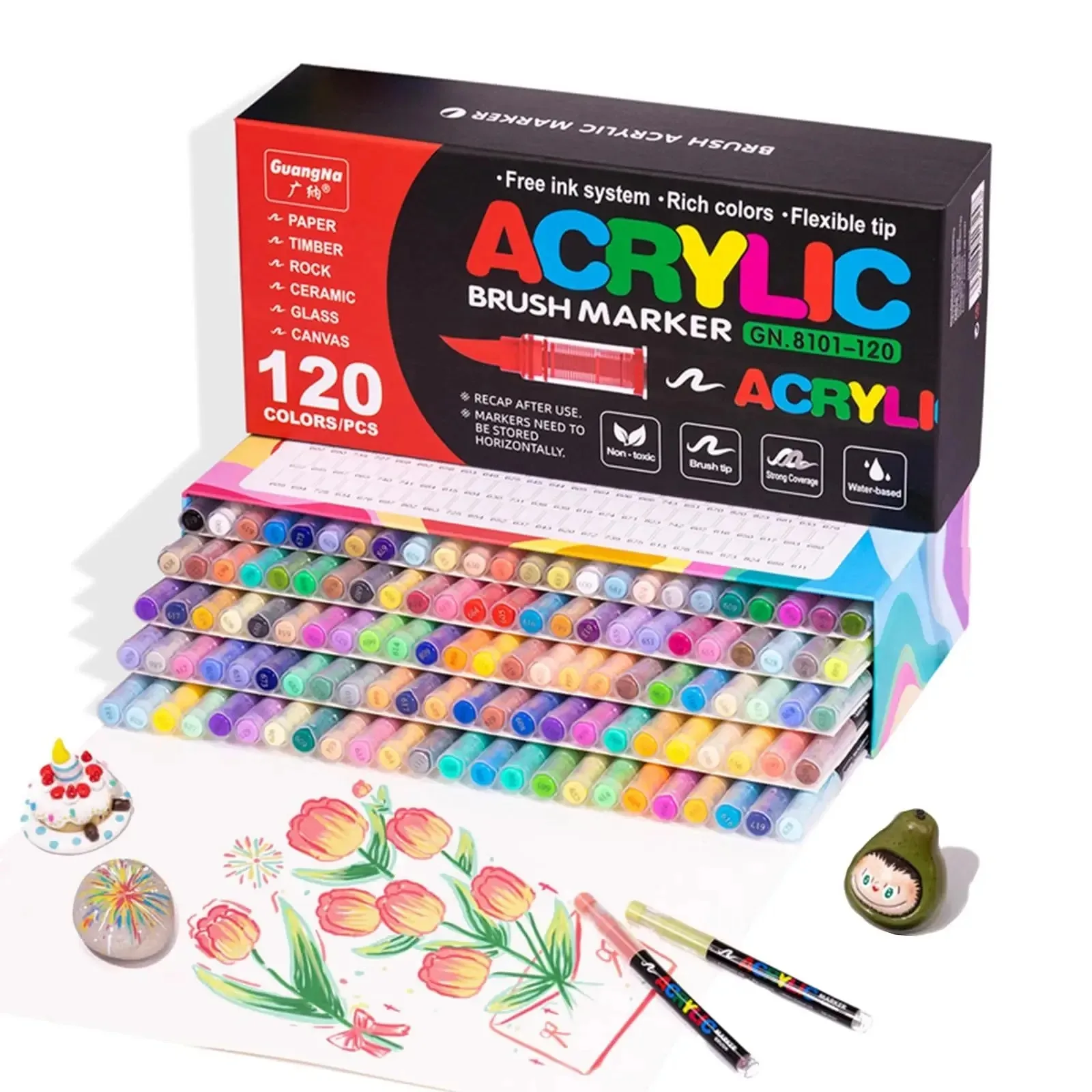 guangna-12-120-240-360色アクリル絵の具ペンマーカー、アクリルフェルトブラシチップペイントマーカー、木材、石、キャンバス用-8101