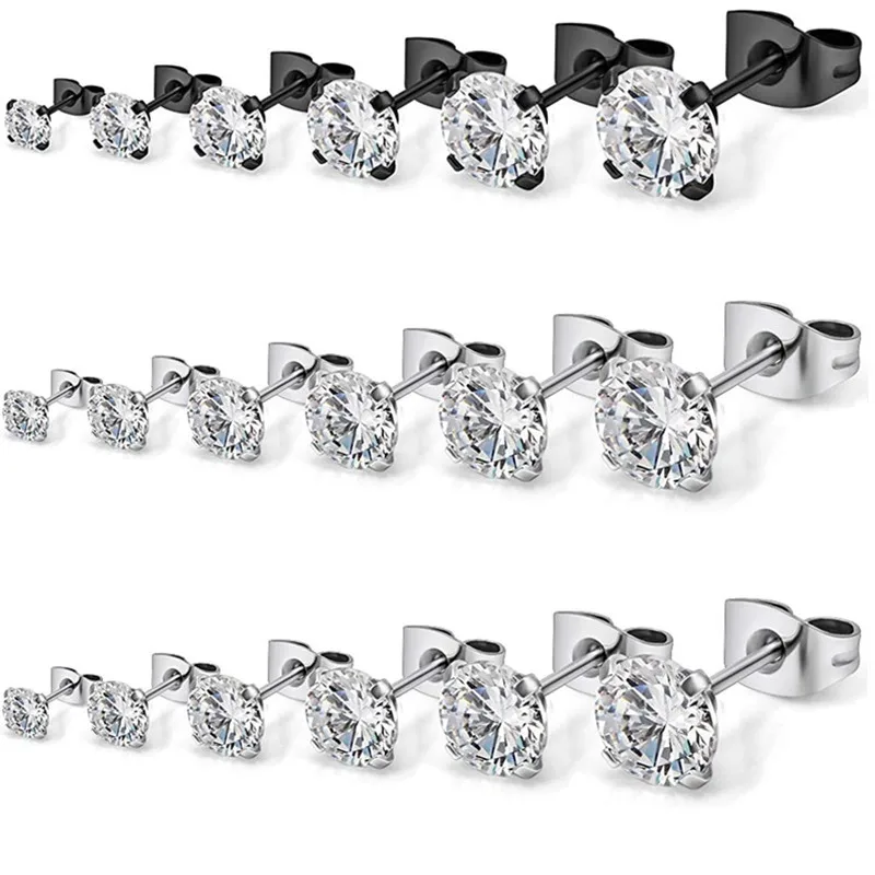 Stainless steel new design four claw round cut cubic zirconia female hypoallergenic male jewelry small earrings 6 pairs