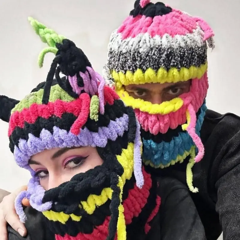 

L5YA Adult Knit Windproof Balaclava Students Outdoor Cycling Skiing Hat Lovely Cold Knit Neck Warmer Hat for Couple