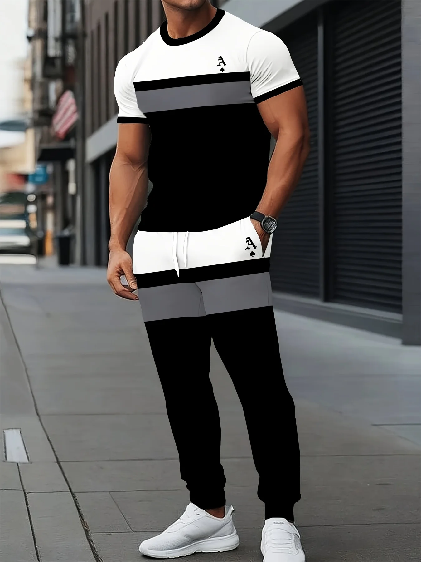 Fashionable men's summer letter splicing print micro elastic soft breathable round neck T-shirt long distance set outdoor casual