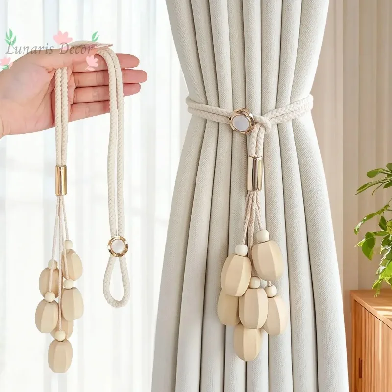 Adjustable curtain buckle strapping with log bead strapping rope, living room decorative gauze curtain storage strapping rope