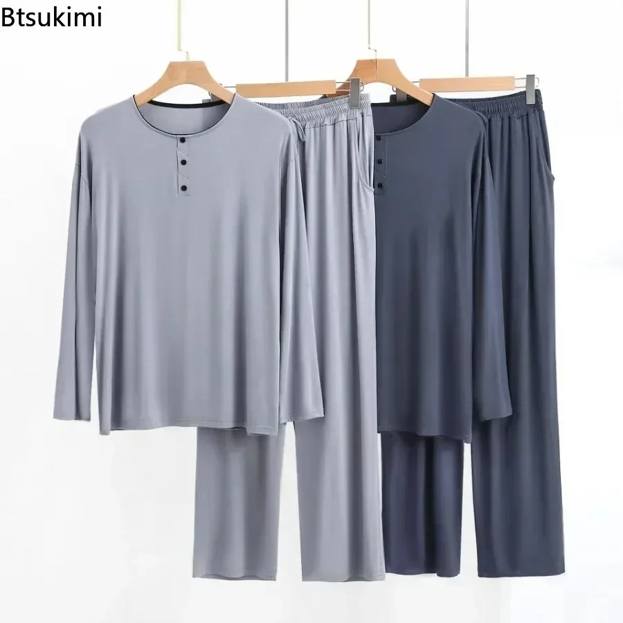 2026 Modal Pajama Sets Men's Long Sleeve Henley Shirt Tops and Pants Home Two Pieces Soft Cozy Sleepwear Outfits Loungewear Male