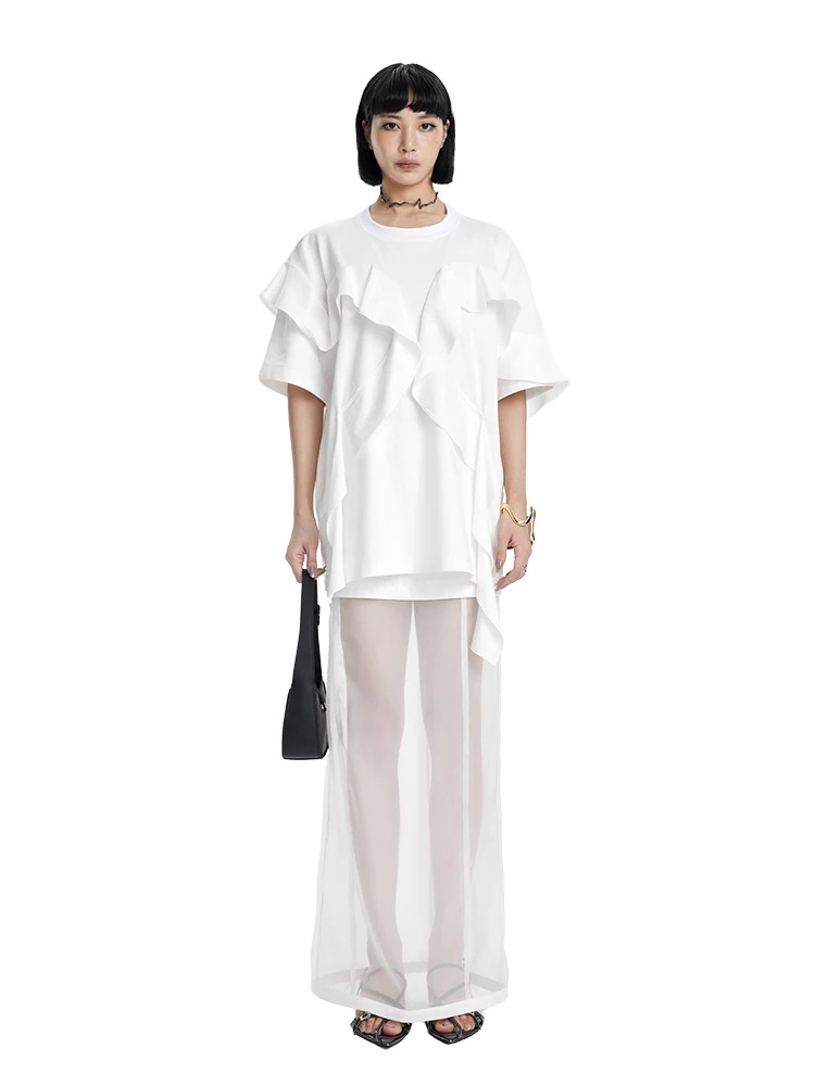 

TINY in Original Design Oversize Ruffle Hem round Ne Pullover Large T-irt Mid-Length oulder Drop Versatile Top