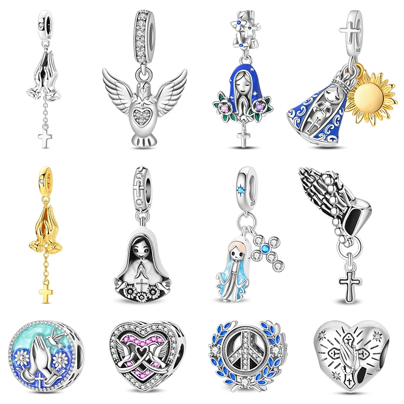 Colgante de Plata de Ley 925 con Manos en Oración, Virgen María y Paloma de la Paz, con Circonitas, para Mujer, Ideal para Pulseras DIY, Regalo de Joyería