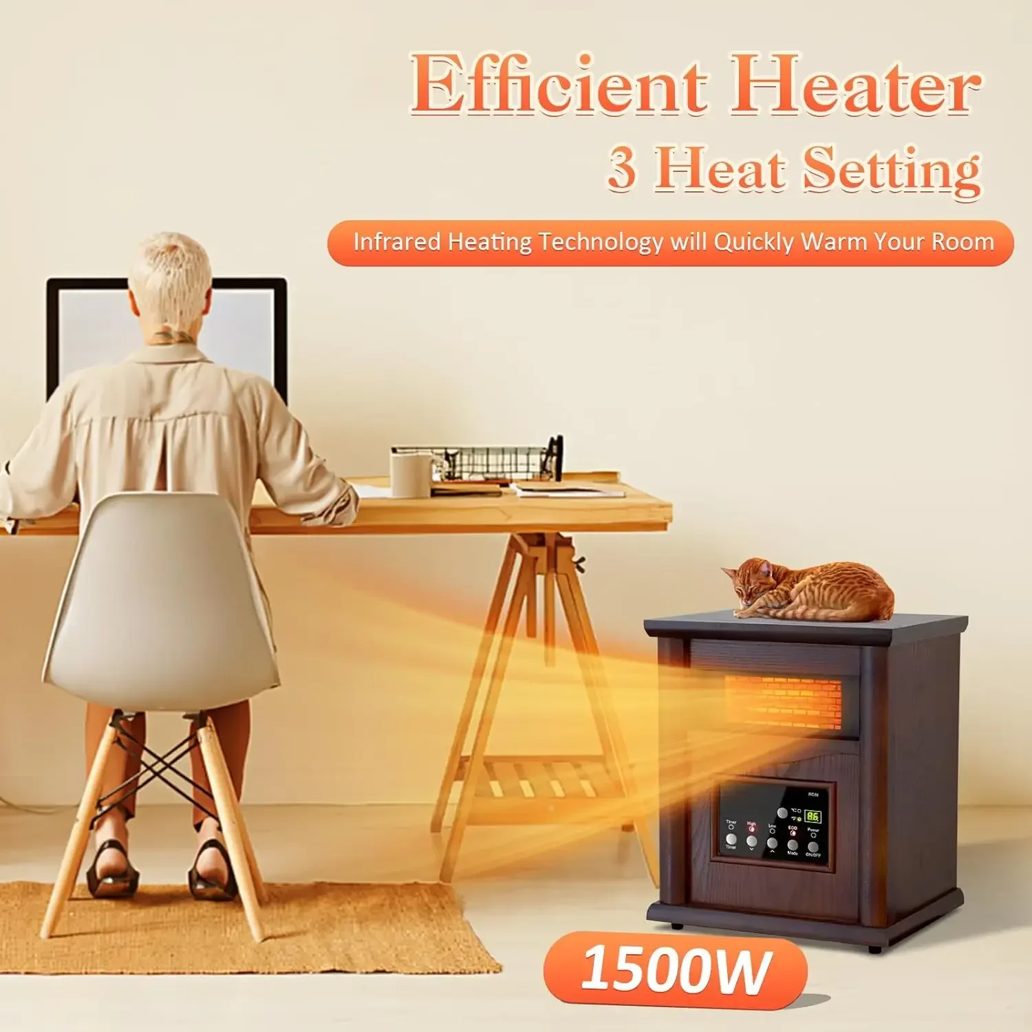 1500W Electric Infrared Space Heater, Quartz Heater for Indoor Use, Tip-Over & Overheat Protection with Remote Control