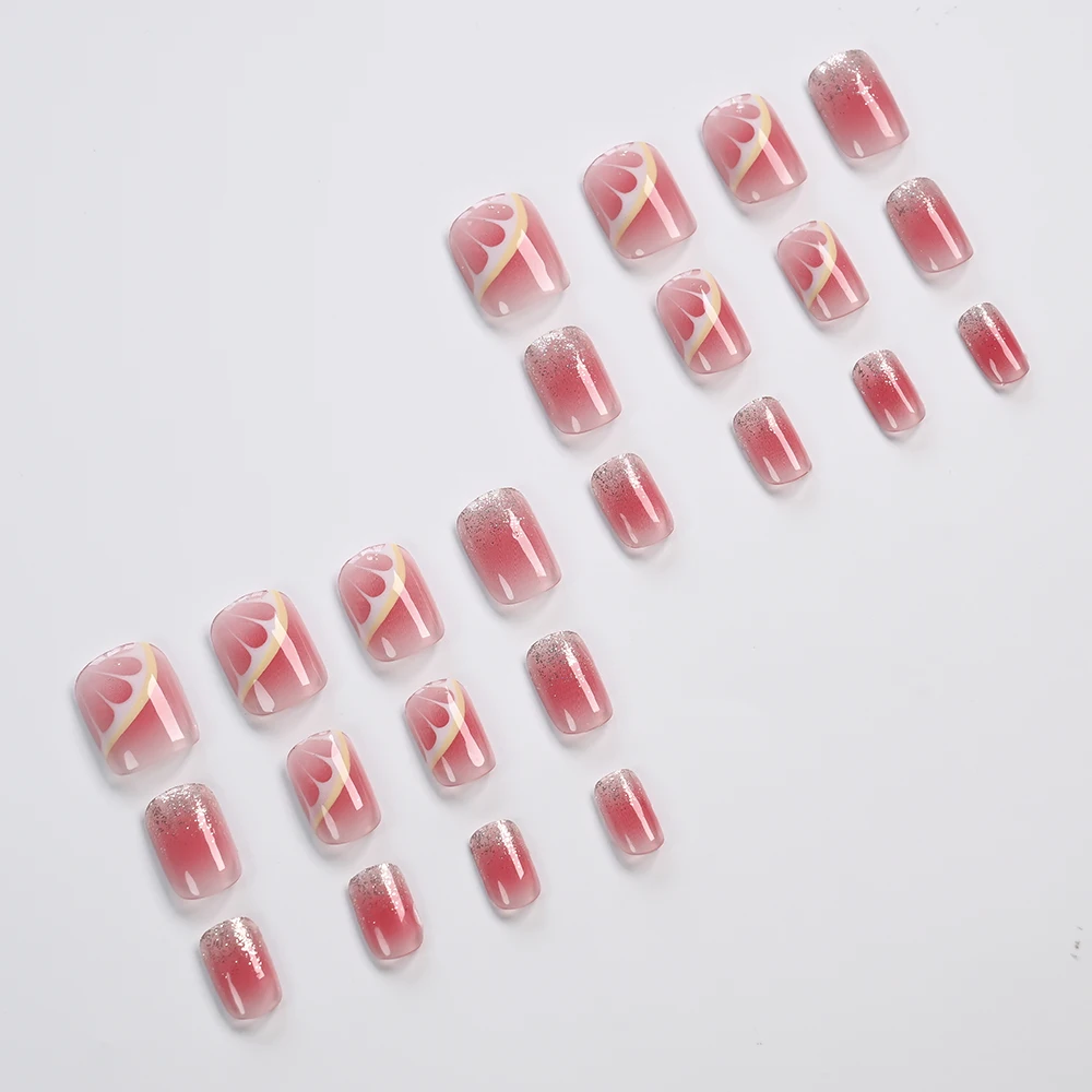 24pcs 3D Cheek Blush Pink Glitter Short Squre Wearable Nails Lemon Design Fake Nails Glossy Full Cover Nails For Women & Girls *