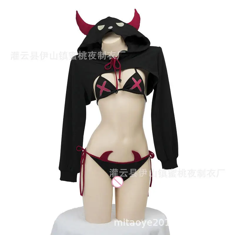 

Сексуальное нижнее белье, костюм для ролевых игр «Маленький дьявол», сексуальный комплект с длинным рукавом, худи, бикини на завязках, костюм на Хэллоуин для женщин