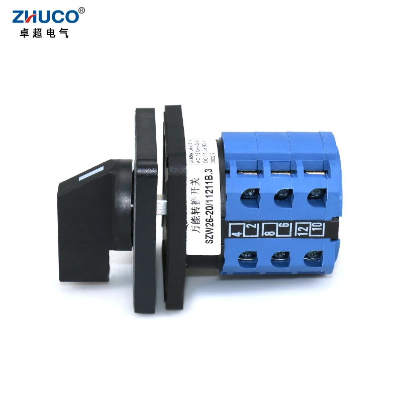 ZHUCO SZW26/LW26-20 Ui 660V 20A 1-2-3-4-5  3 Phase 12 Terminals 5 Position Changeover Selector Cam Switch 48X48 mm Panel Mount