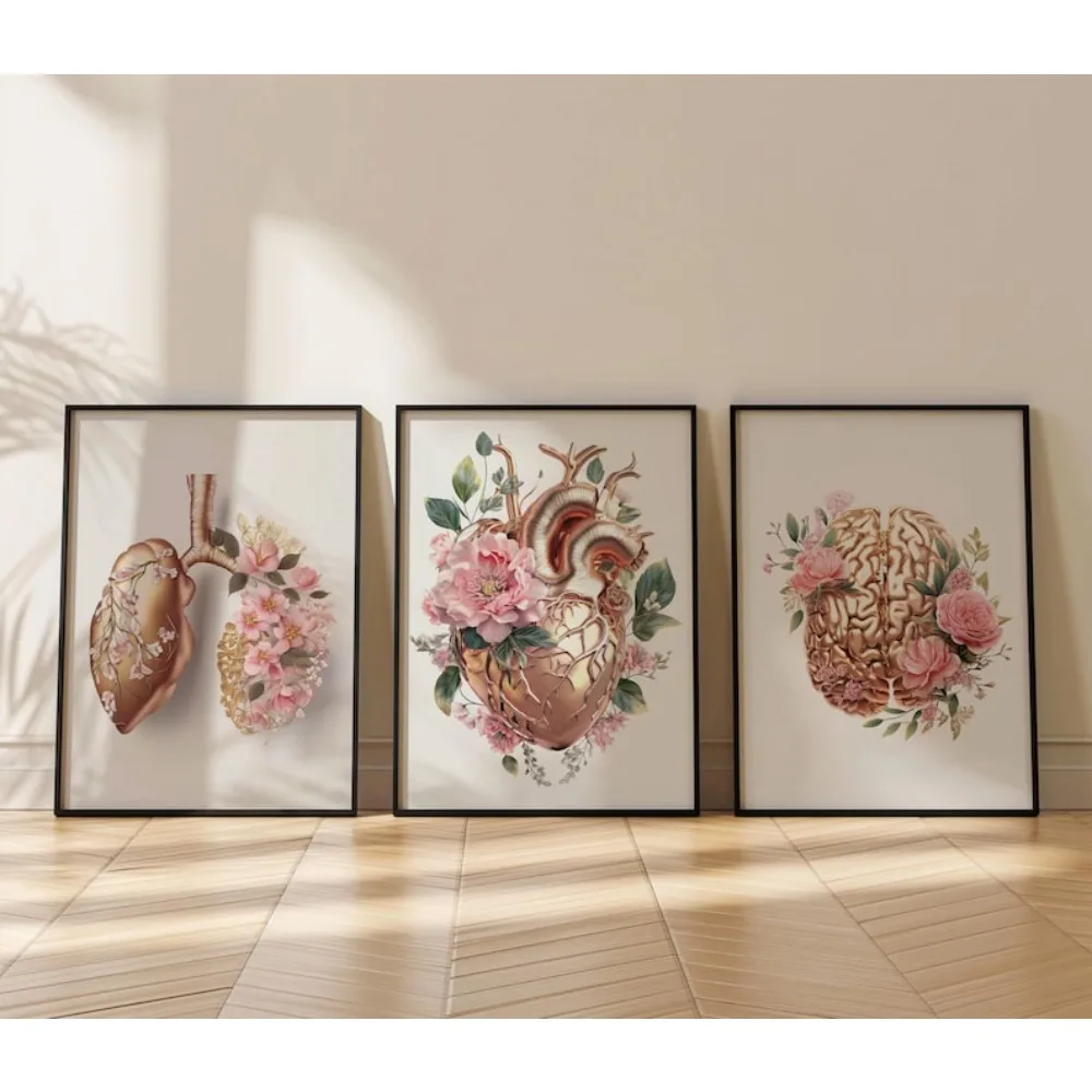 3pcs Frameless canvas painting Rose Golden Anatomy Print Set of 3: Brain, Heart, Lungs, Doctor Gift