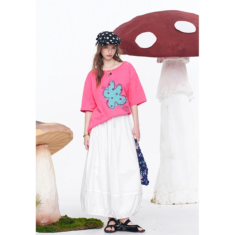 ELFSACK Elastic Waist Drawstring Lantern Skirt, Casual Lightweight Midi Skirt, Bohemian Flowy Outdoor Skirt for Women