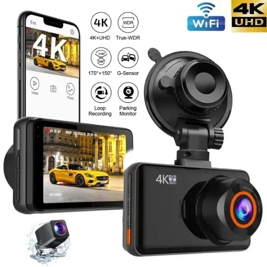 

4K WiFi Dash Cam for Cars Front and Rear Dual Lens Auto Dashcam Time-lapse Video Built-in Wifi Support 24H Parking Monitor