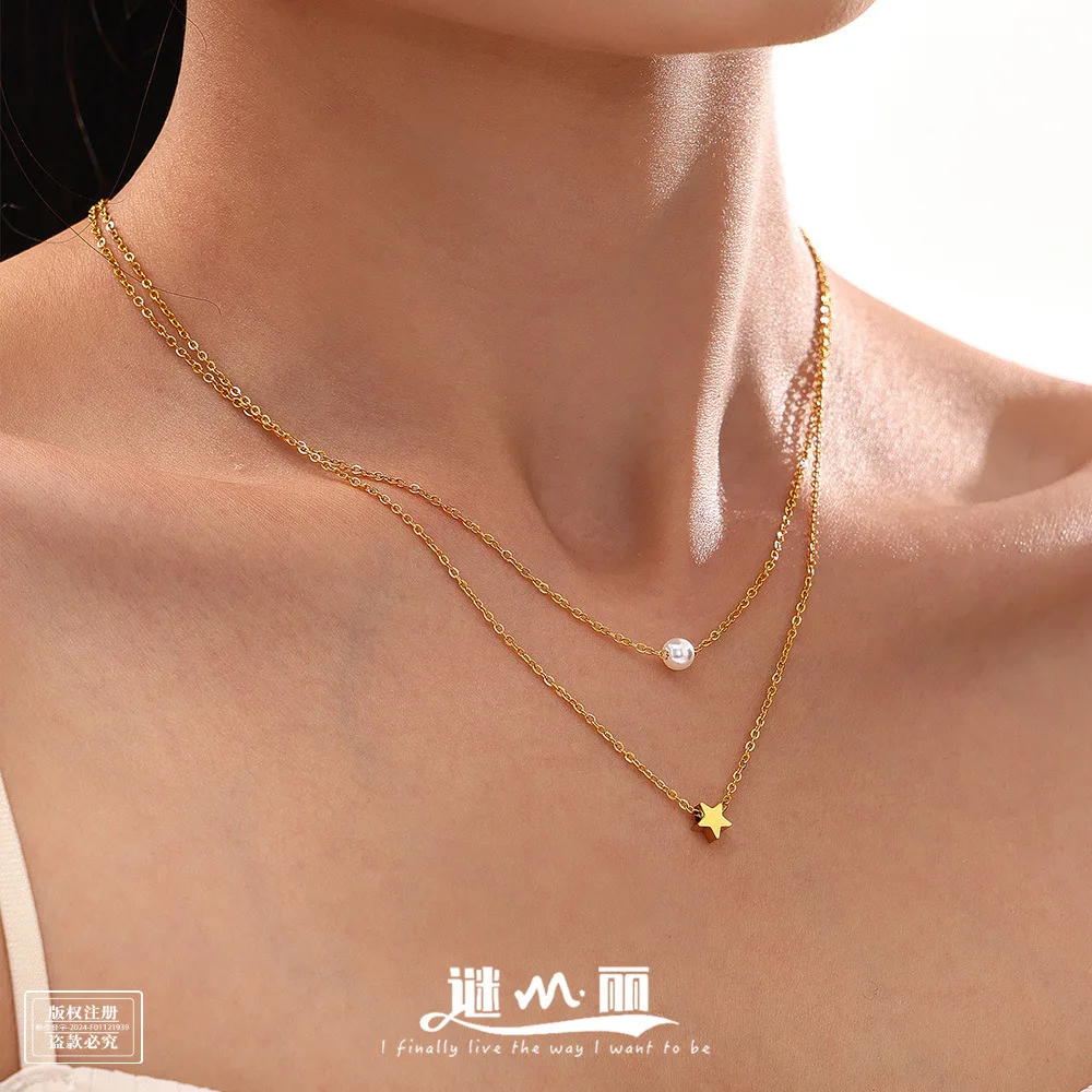 Star Beads Design Sense 9999 24K Multi-layer Necklace European and American Style Hot Sales Commuter Stacking 18K Real Gold