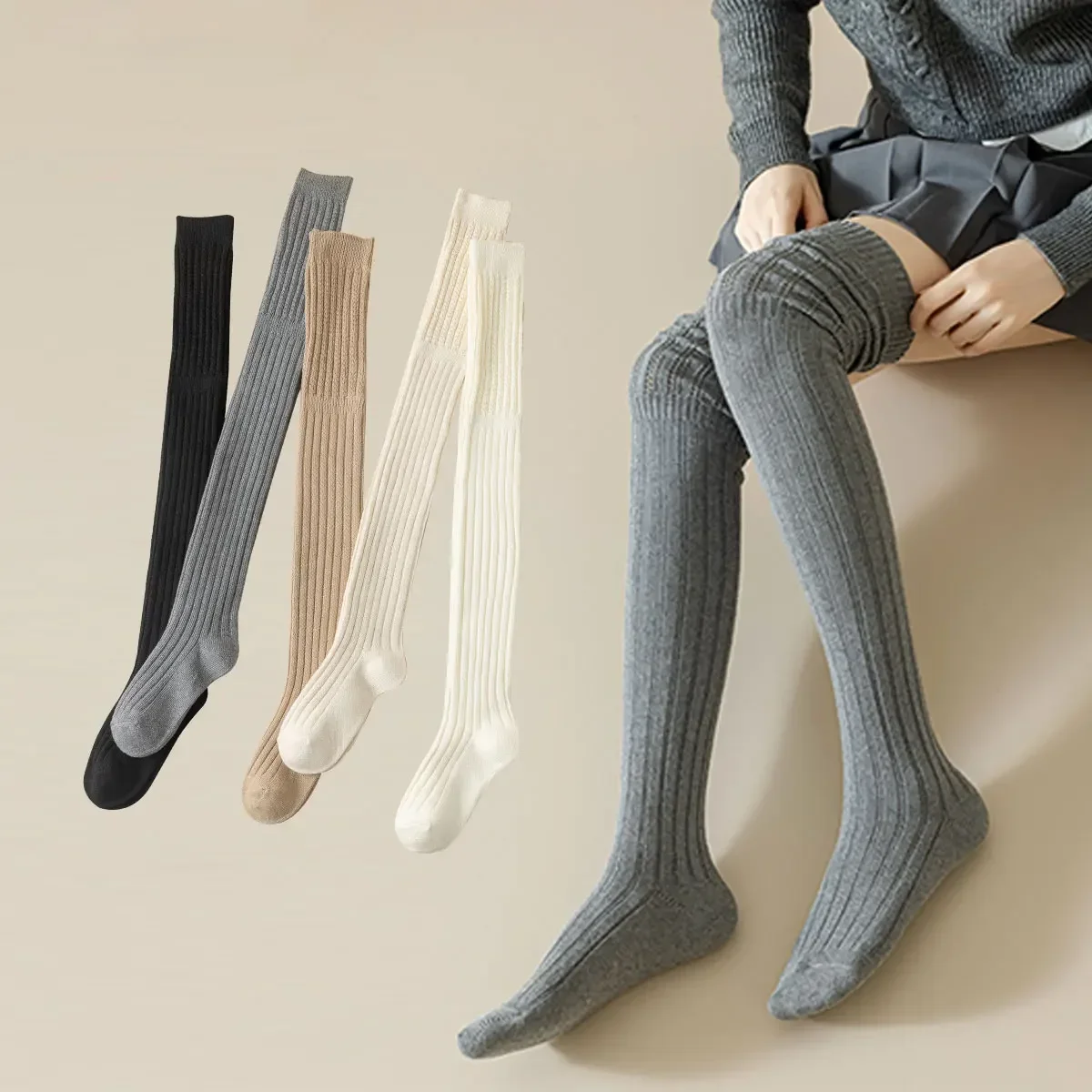 zhenge Wholesale Custom Logo double needle Adults Girls Black White Solid Colors knee high long socks for women