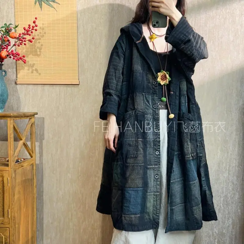 Spring Autumn New Arts Style Women Long Sleeve Loose Trench Coat High Quality Cotton Linen Single-breasted Hooded Long Coat F086