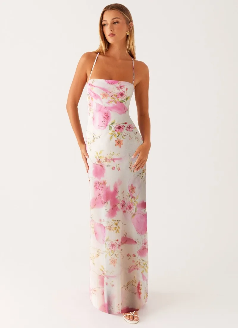 Sexy florales Korsett-Chiffon-Maxikleid im Boho-Stil für Damen, mit Spaghettiträgern, Schnürung am Rücken, figurbetont, langes Sommer-Party-Strandkleid – Detail 6